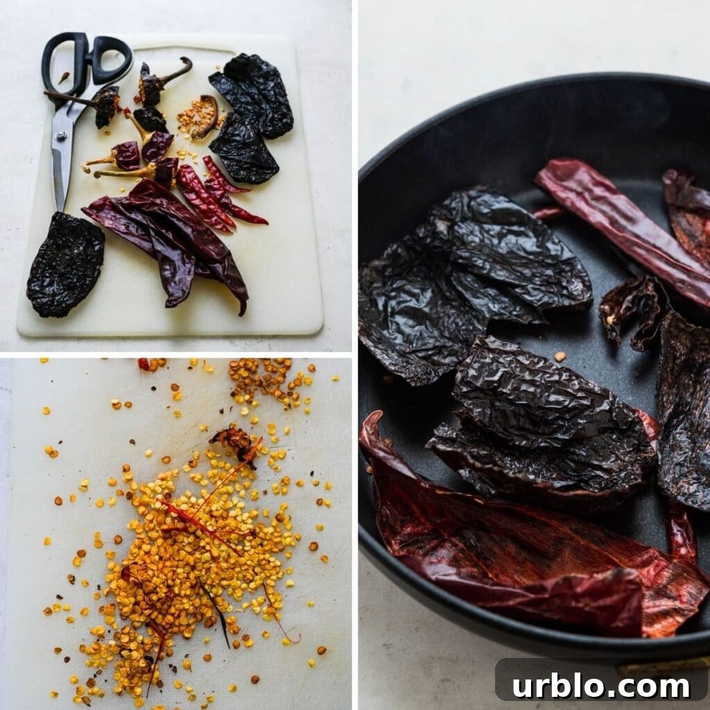 removing stems and seeds from the chiles and toasting in a pan.