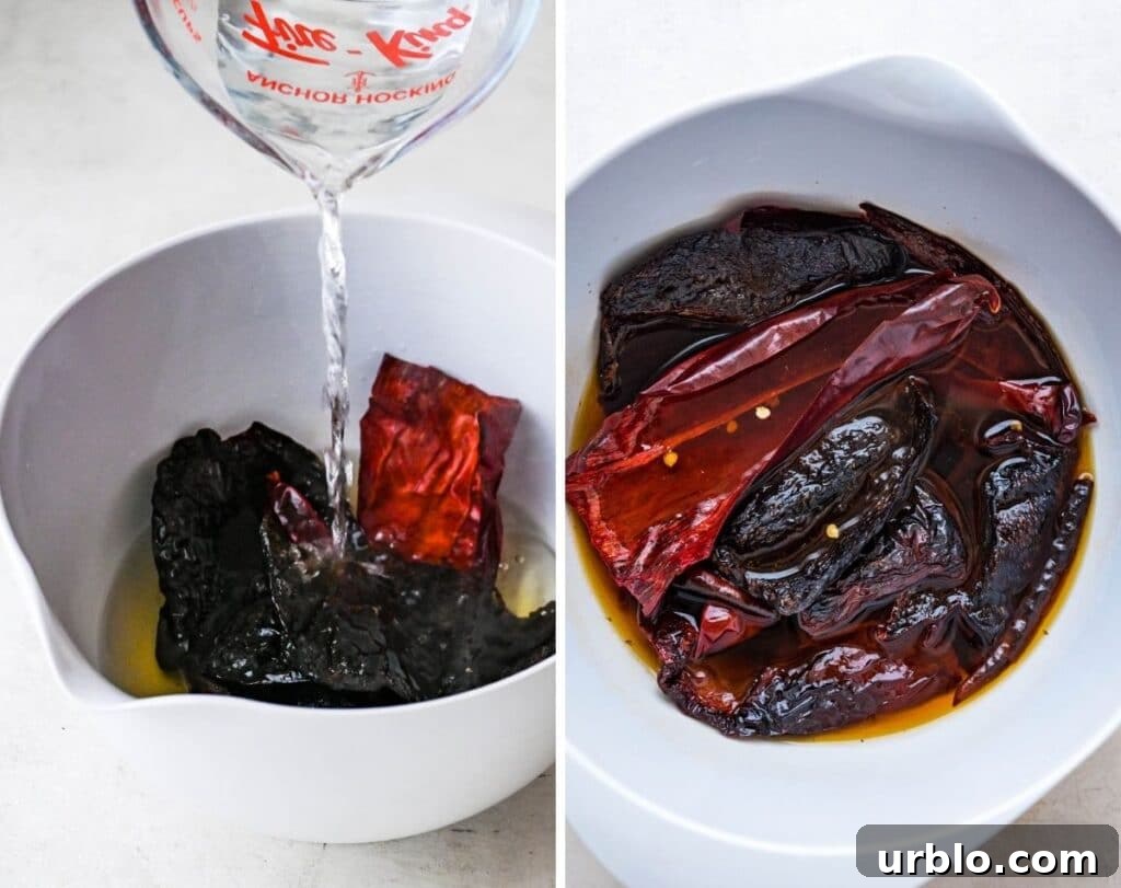 soak the dried chiles in hot water to plump and rehydrate. 