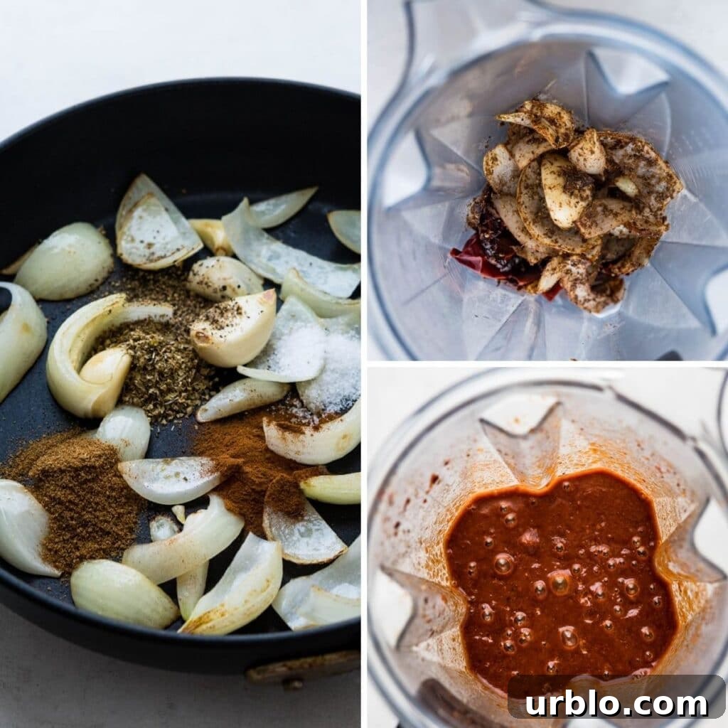 Pureeing the onions, garlic and spices in a blender.