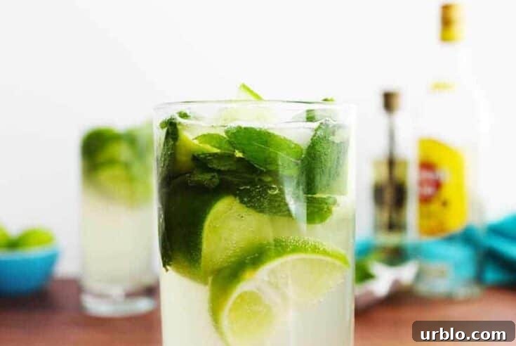 A pitcher of elderflower mojitos garnished with mint and lime.