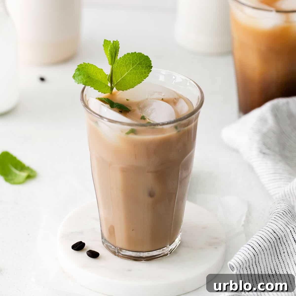 An espresso mojito garnished with a sprig of mint.