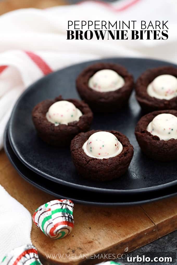 These one bowl Peppermint Bark Brownie Bites are an easy holiday inspired sweet that take just 15 minutes to prepare. Peppermint bark candies stud these deliciously fudgy, one bite chocolate brownie treats.