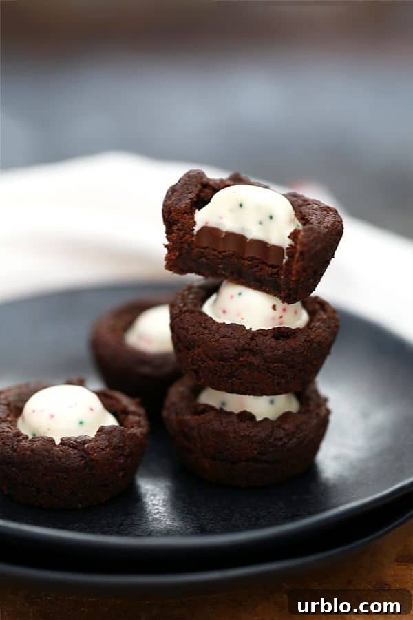 These one bowl Peppermint Bark Brownie Bites are an easy holiday inspired sweet that take just 15 minutes to prepare. Peppermint bark candies stud these deliciously fudgy, one bite chocolate brownie treats.