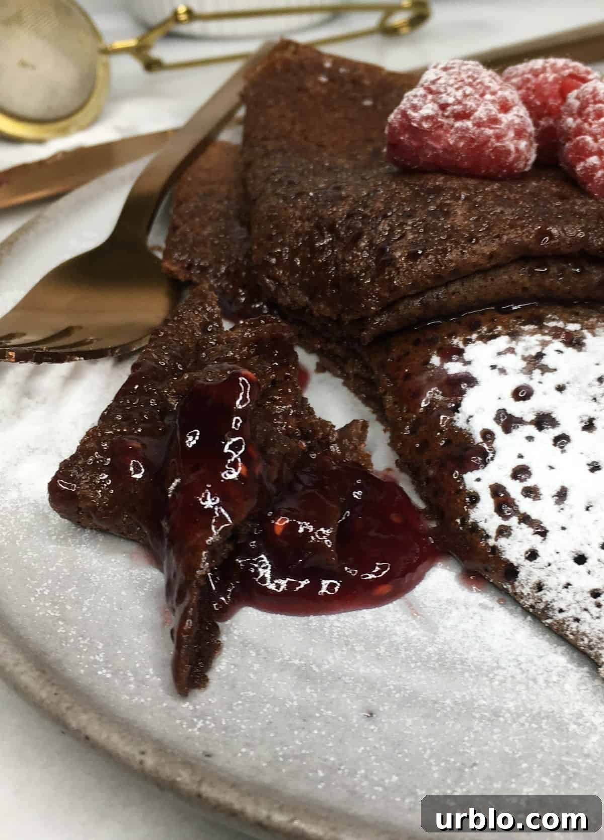 Chocolate dessert crepes with jam and icing sugar served with a fork on a grey plate