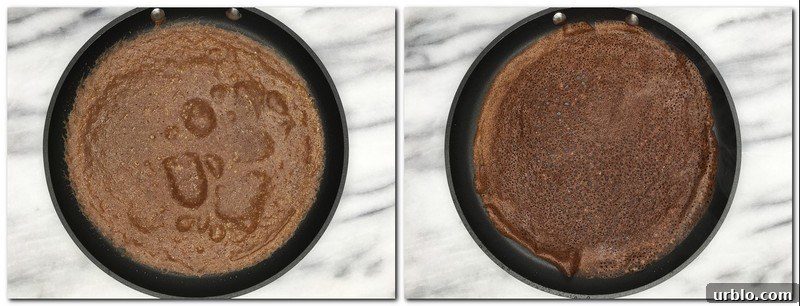 Photo 3: Crepe on a crepe pan Photo 4: Flipped crepe on a pan