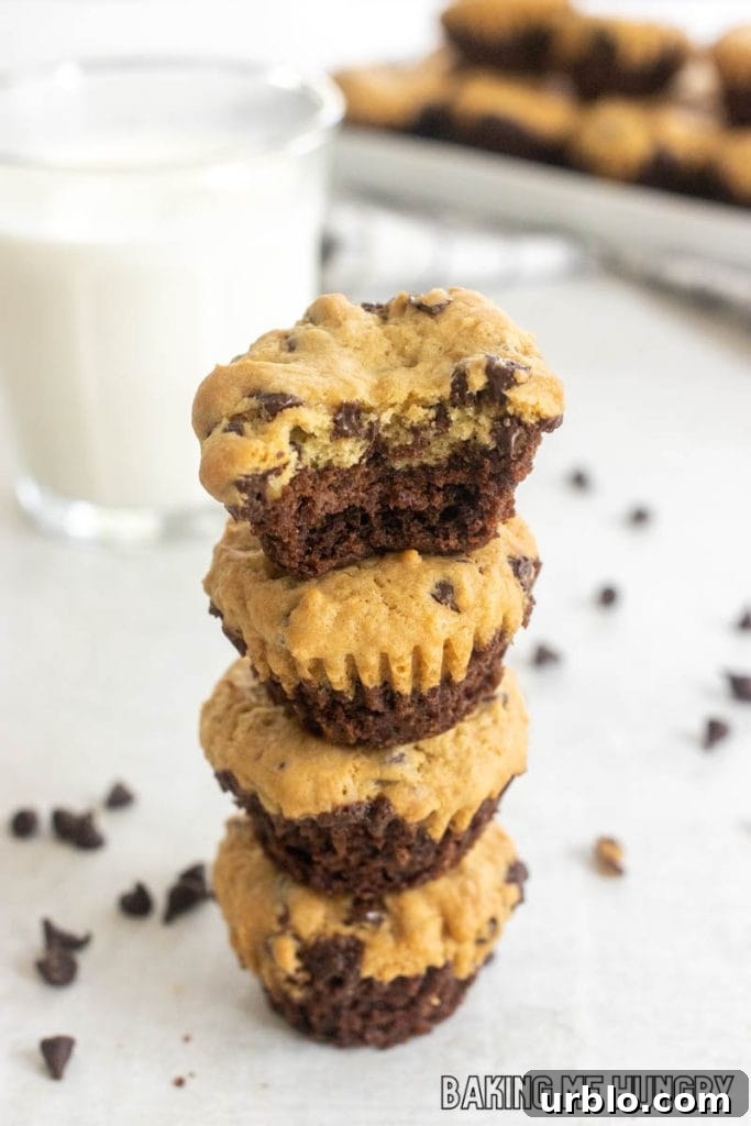 Decadent Brookie Bites Recipe: Chocolate Brownie + Cookie Bars 2 brookie bites in a stack with top one missing a bite