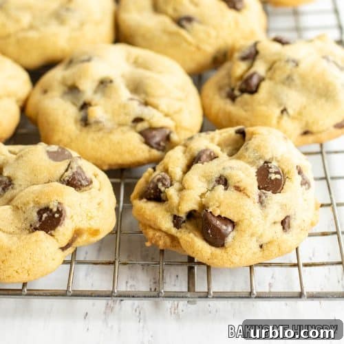 brown sugar chocolate chip cookies close up on wire rack