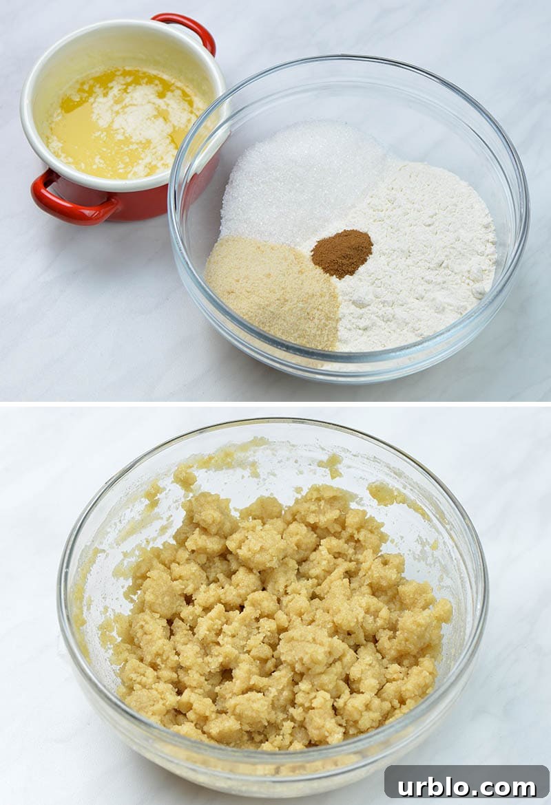 Ingredients for streusel crumbs and bowl with ready crumb topping.