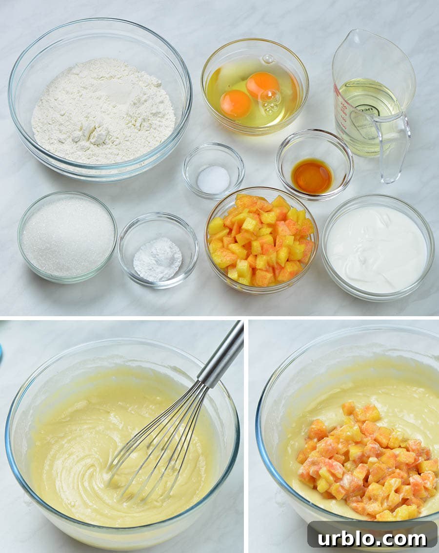 ingredients for peach muffins and a bowl with muffin batter mixture.