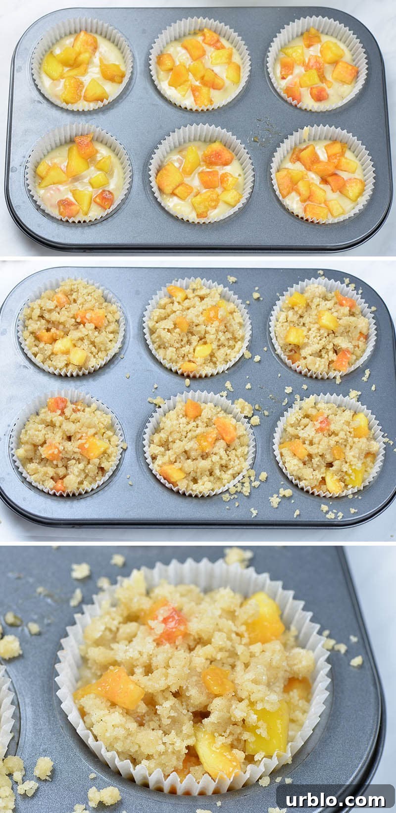 Peach muffins in muffin pan ready for baking.