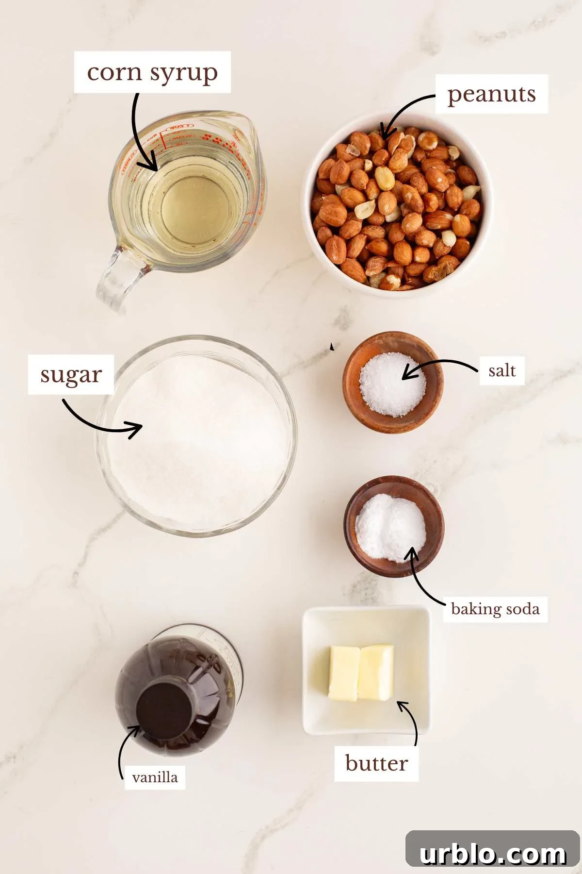 Classic Old-Fashioned Peanut Brittle Recipe 3 Labeled ingredients for peanut brittle arranged on a countertop.