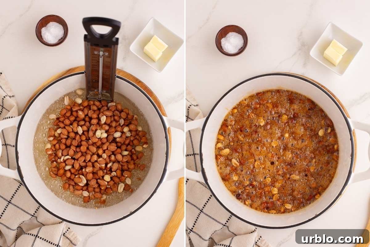Classic Old-Fashioned Peanut Brittle Recipe 5 Two-step collage of peanuts cooking in syrup in a white pot.