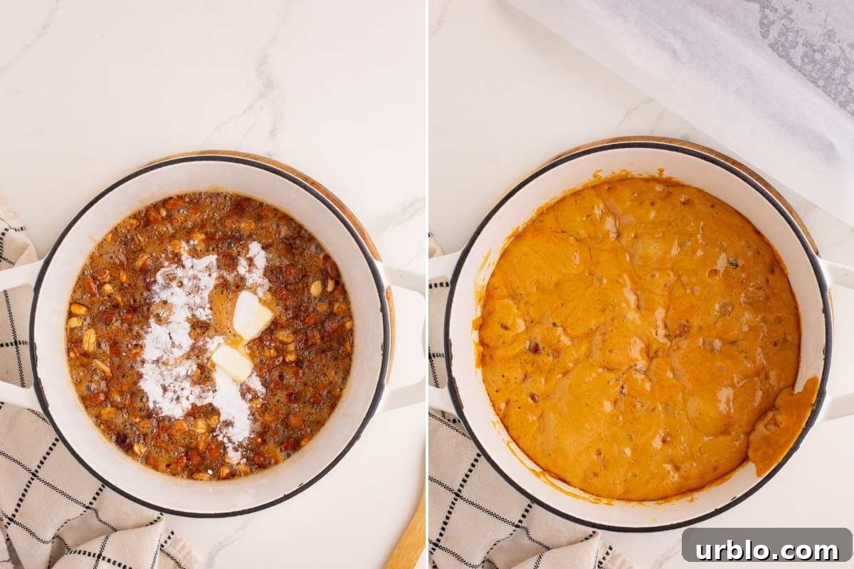 Classic Old-Fashioned Peanut Brittle Recipe 6 Two-step collage of adding butter and baking soda to hot brittle.