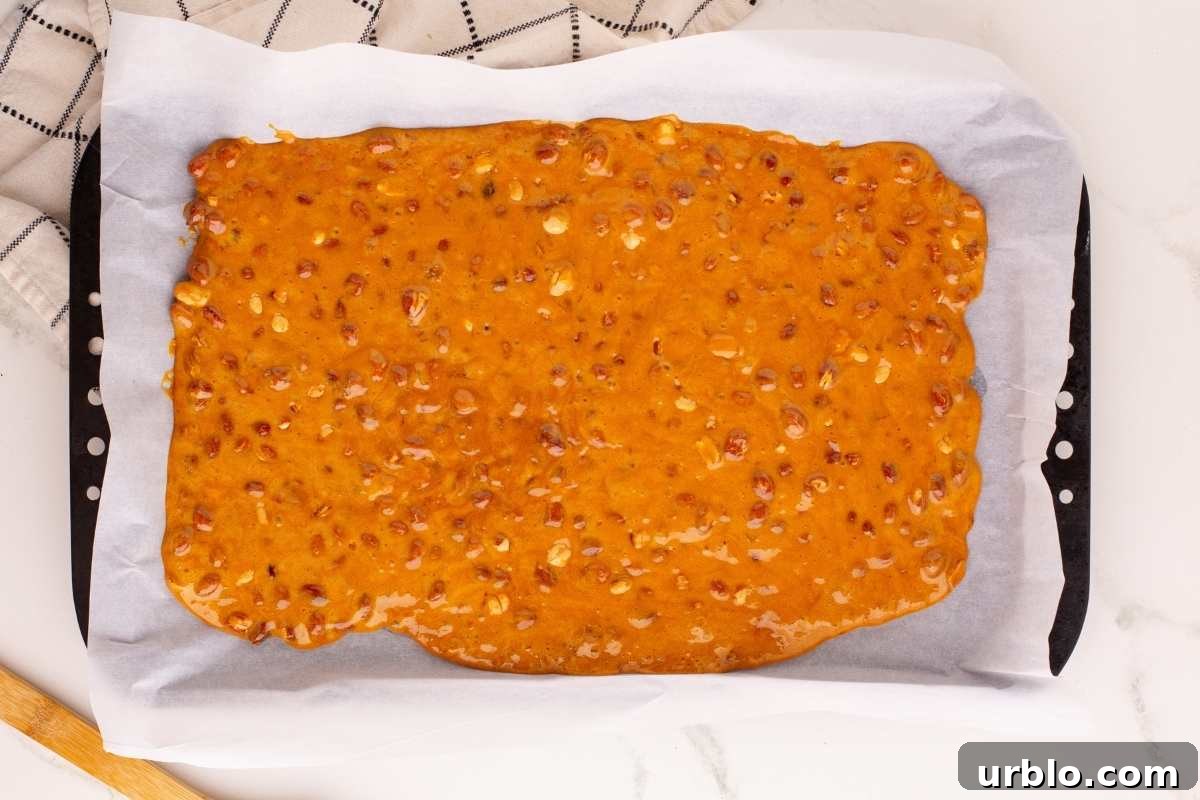 Classic Old-Fashioned Peanut Brittle Recipe 7 Freshly poured peanut brittle cooling on a parchment-lined baking sheet.