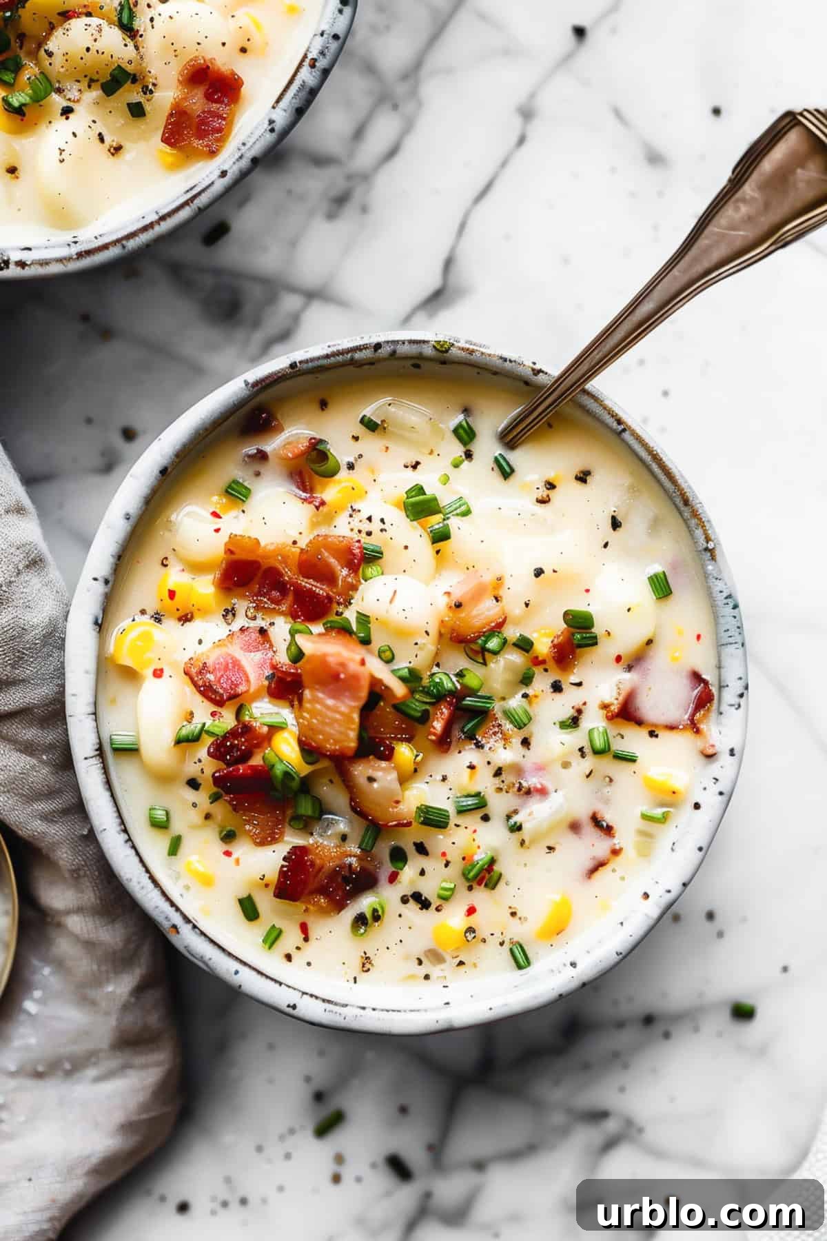Sweetcorn chowder with bacon in a white bowl with herbs.