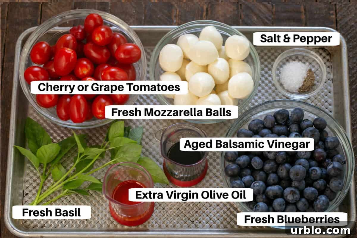 Blueberry Caprese Salad Ingredients on a metal sheet pan with labels.