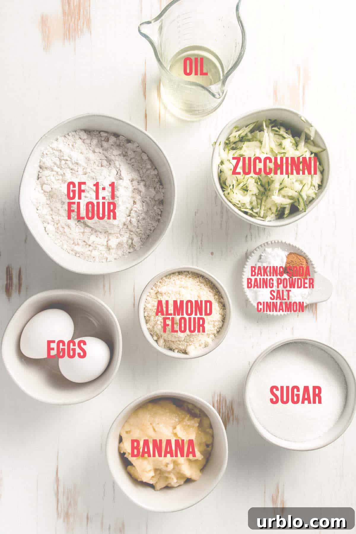 The recipe ingredients measured out in bowls.