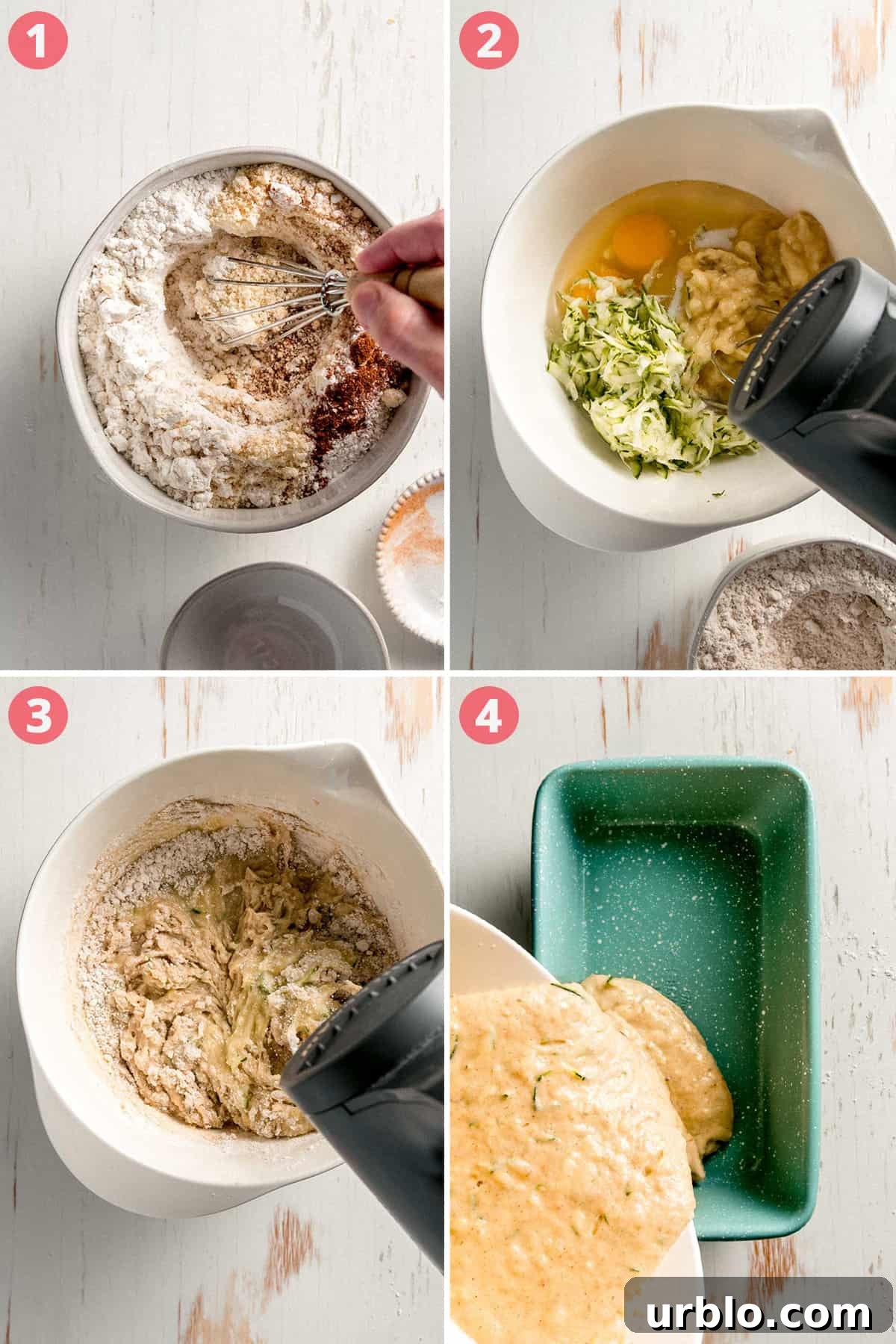 Image collage: mixing dry ingredients, blending wet ingredients, blending all together, pouring into a loaf pan.