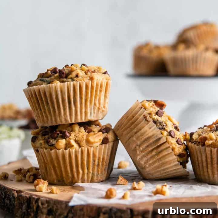 Gluten-free zucchini muffins with walnuts and chocolate chips strewn on a rustic wood platter.
