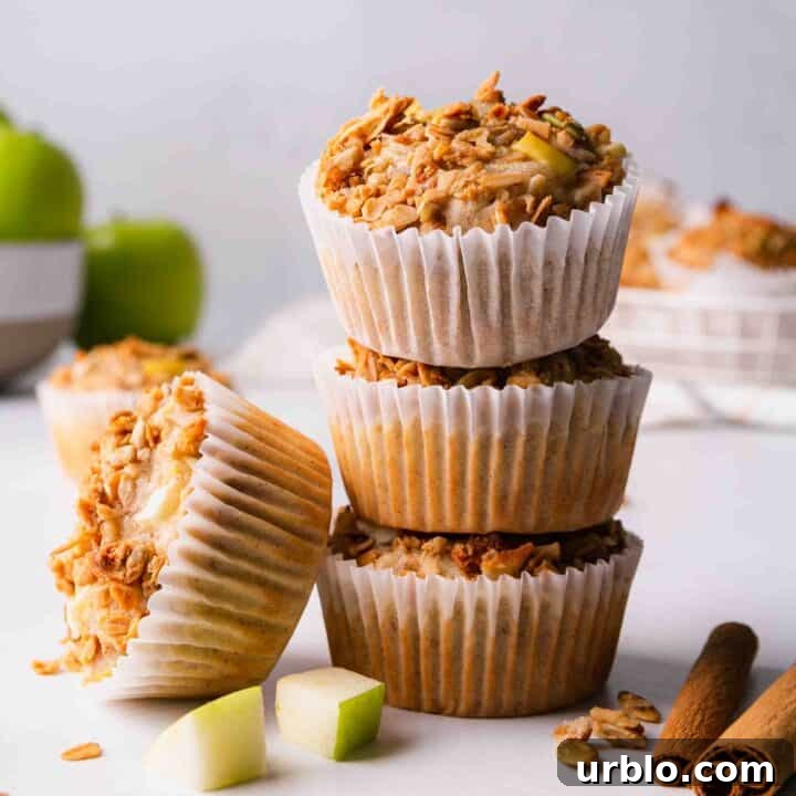 A stack of three gluten-free apple granola muffins with one more leaning on the side of the stack.