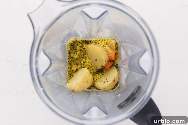 Potatoes and broth in a blender.