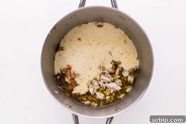 Creamy chicken soup in a pot.