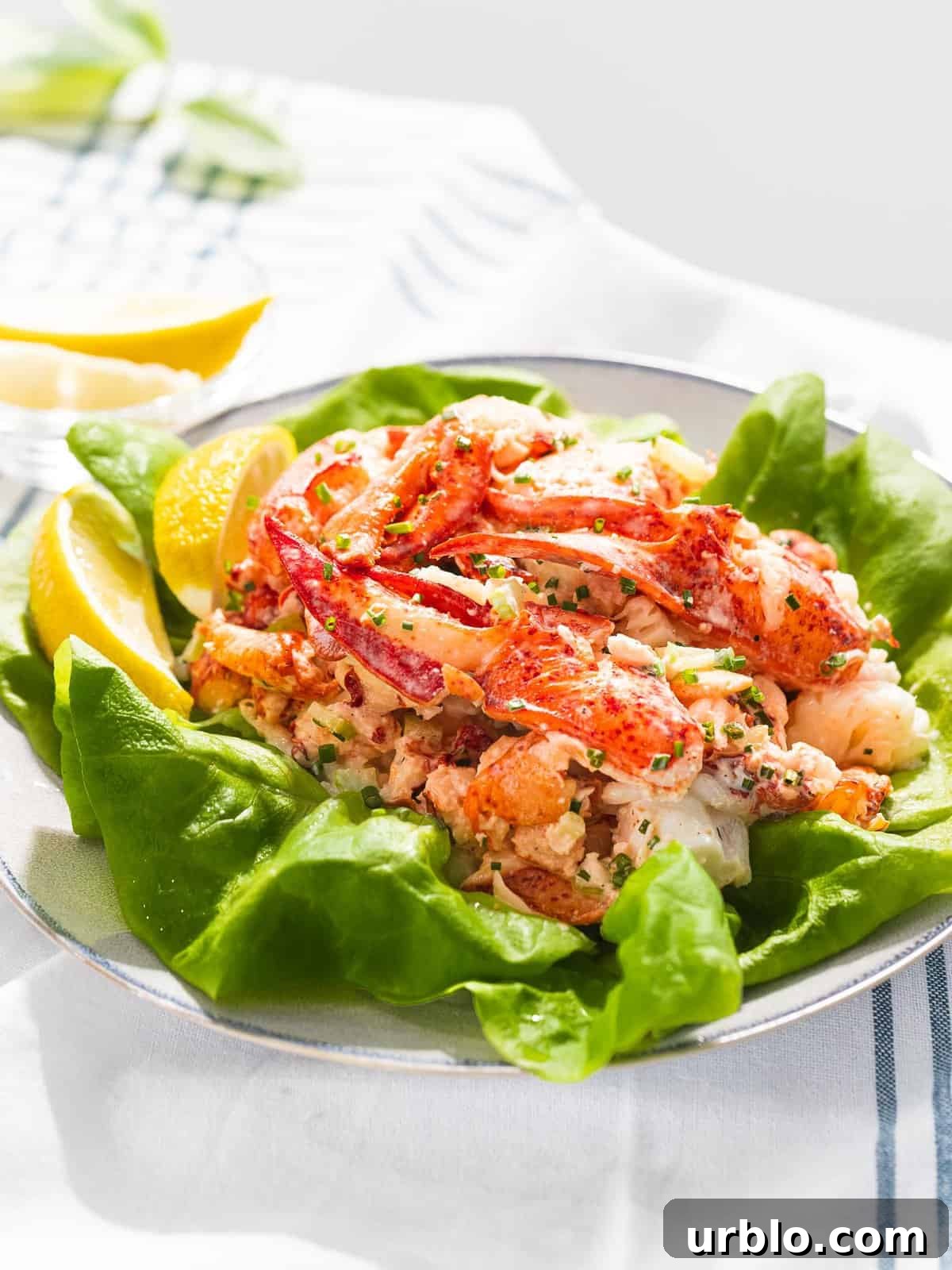 Lobster salad on top of lettuce next to lemons.