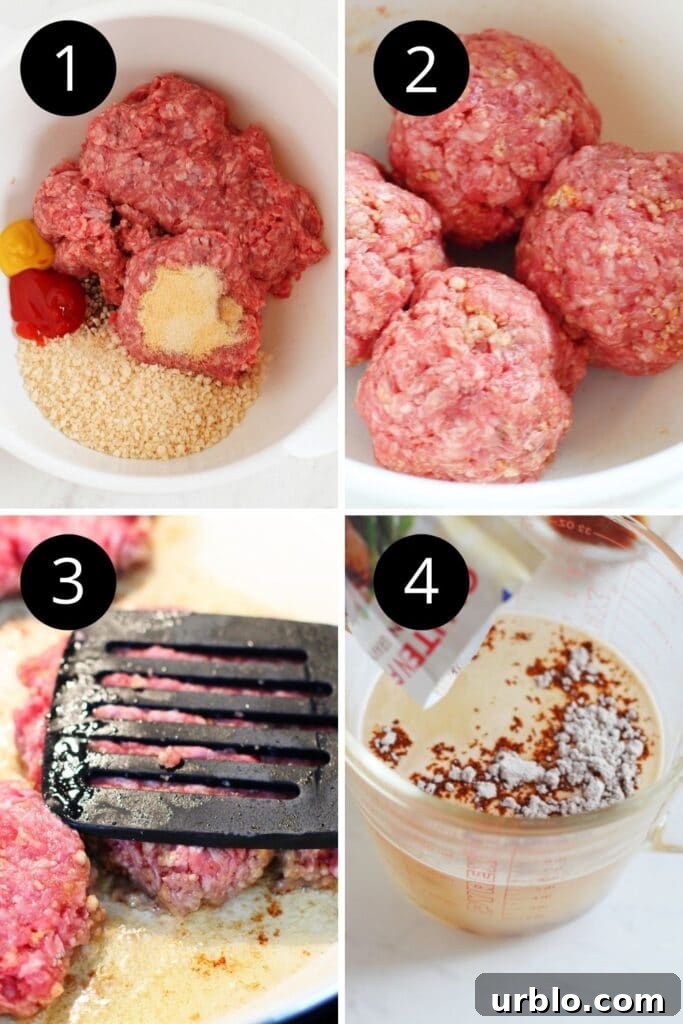 collage of images cooking salisbury steak in a skillet on stove