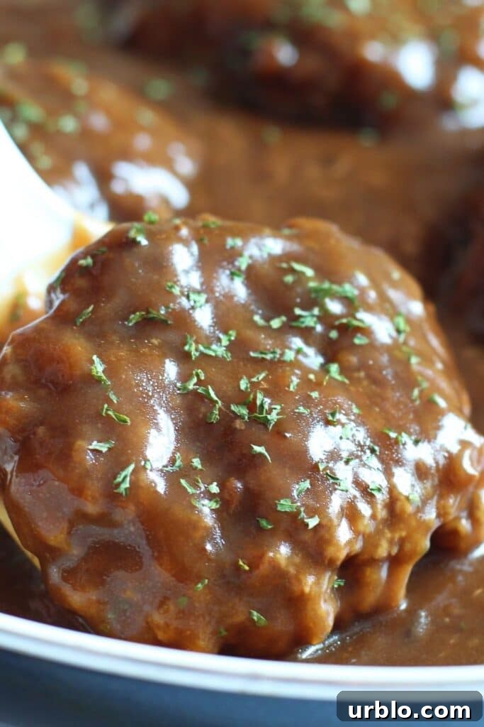 spatula with a smothered salisbury steak on it and parsley on top