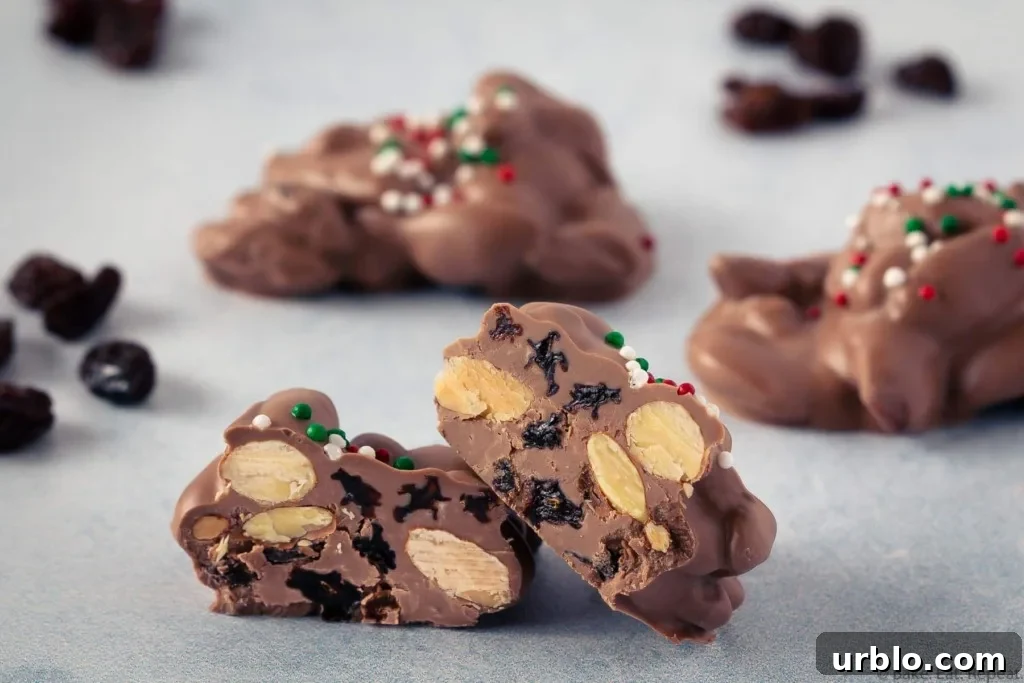 Slow-Cooker Fruit and Nut Candy Recipe for Holidays 7 chocolate candy filled with almonds and raisins made in the slow cooker