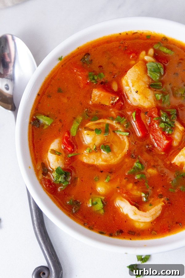 Looking down into a bowl of tomato soup with shrimp and herbs, a spoon on the left side.