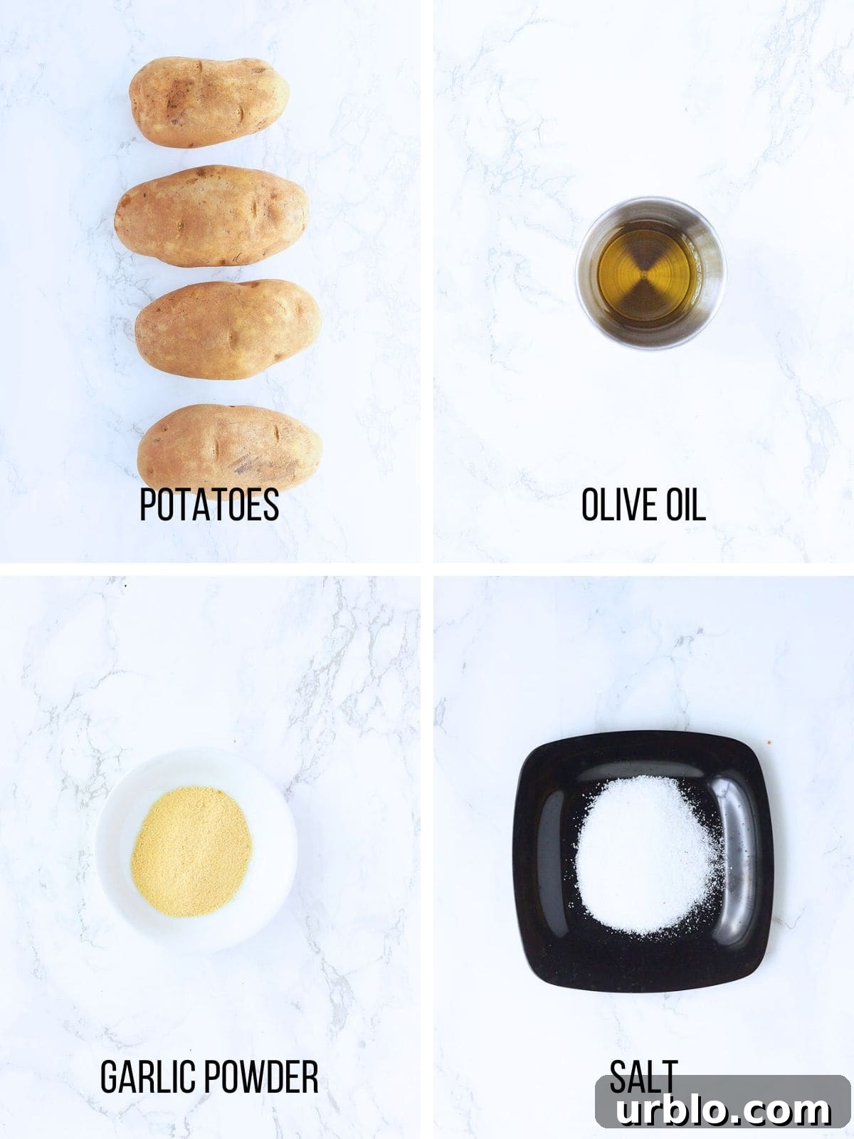 Collage of ingredients needed to make oven baked French fries.