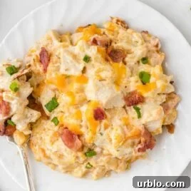 close up overhead shot of a serving of Crack Chicken Casserole topped with green onions