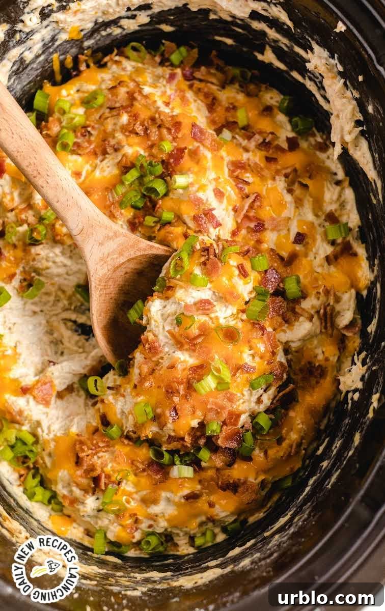 close up shot of Crockpot Crack Chicken topped with green onion in a crockpot with a large wooden spoon