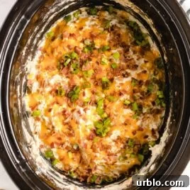 close up overhead shot of Crockpot Crack Chicken topped with green onion in a crockpot