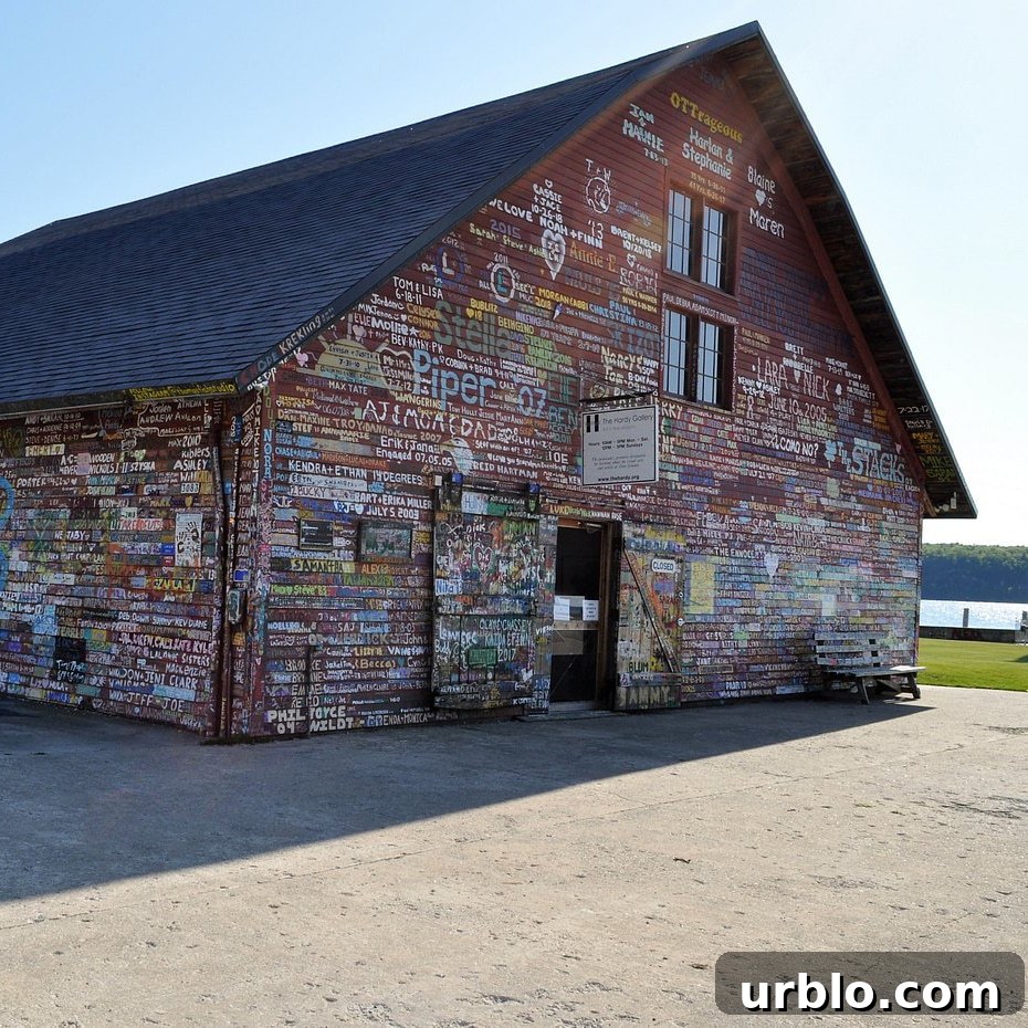 The outside of the graffiti covered walls of the Hardy Gallery in Door County.