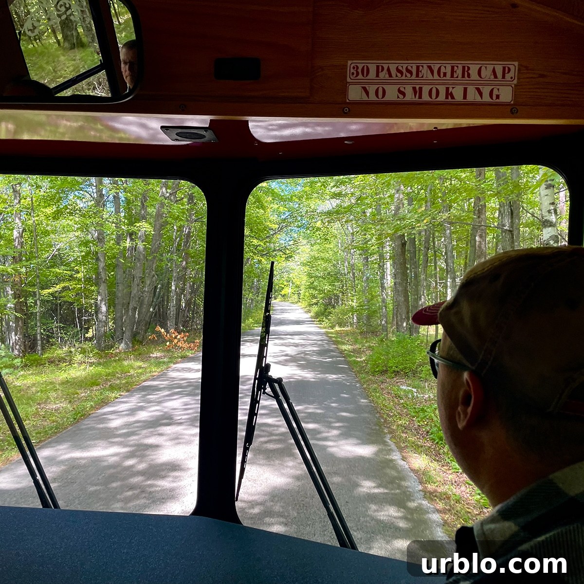 Looking out the front window of our trolly while on the Door County trolly tour.