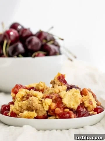 cherry dump cake on a white plate with a bowl of cherries behind