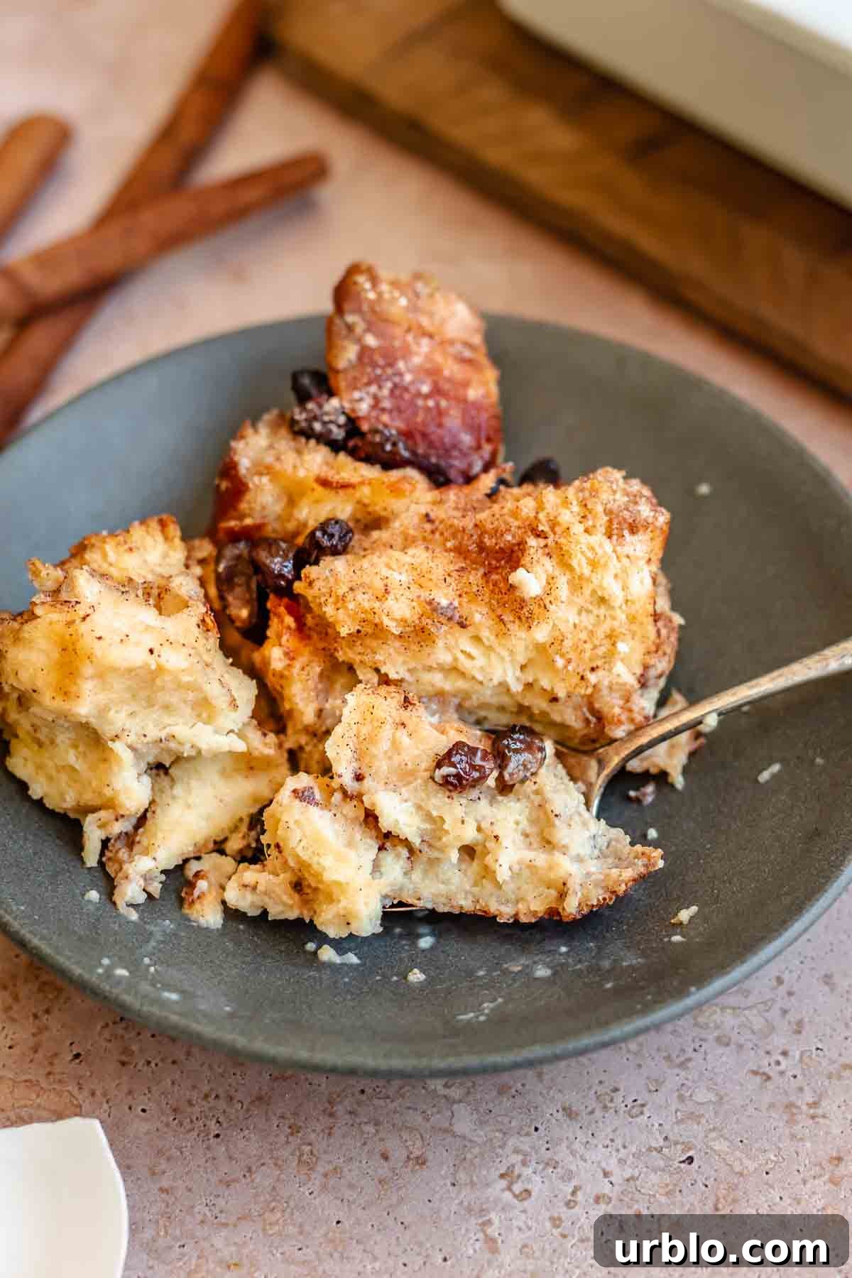 Cinnamon bread pudding in a bowl with a spoon.