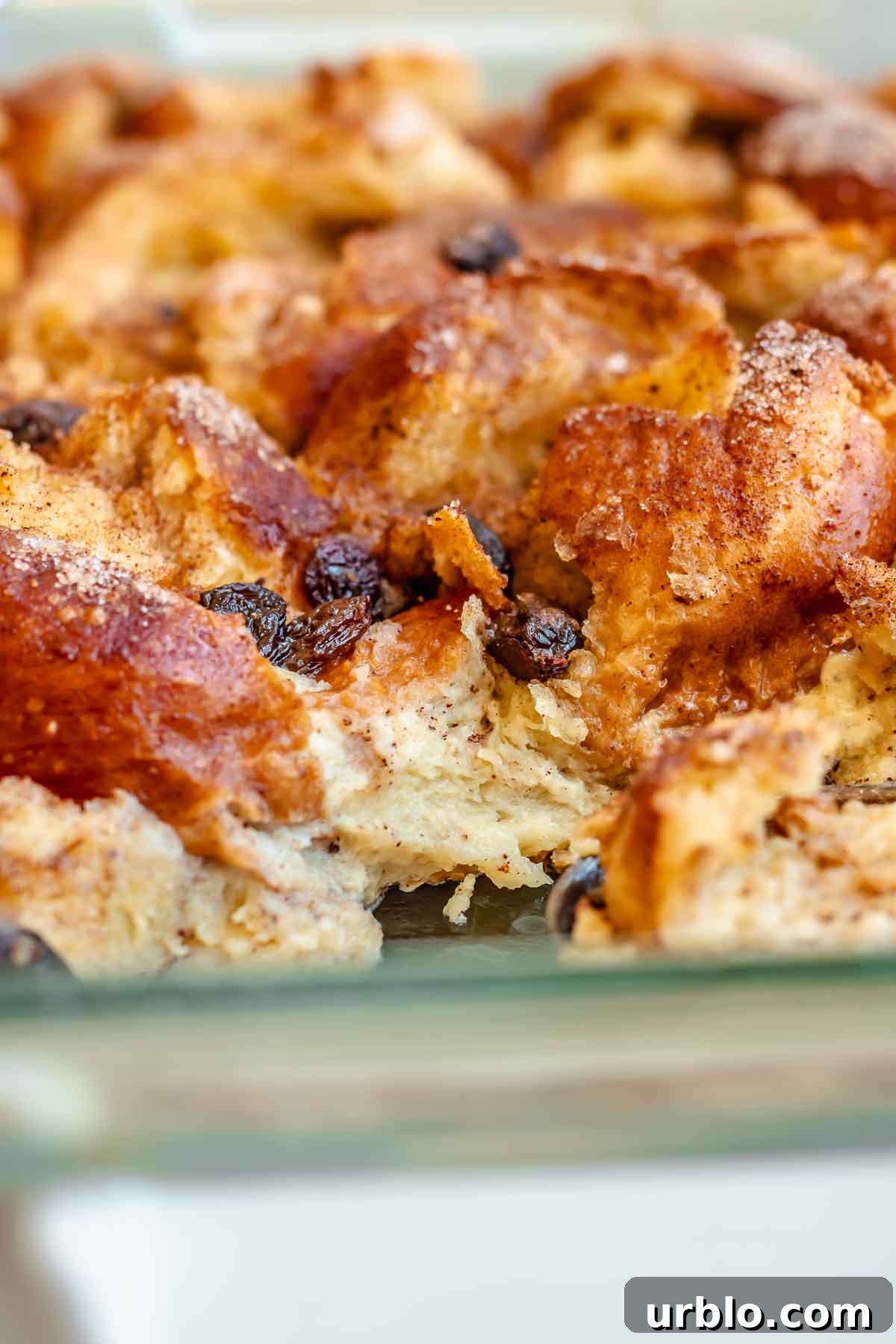 Close up of cinnamon bread pudding in a casserole dish.
