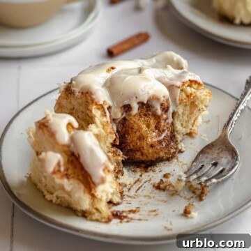 Brioche cinnamon roll on a plate with bites removed from a fork.