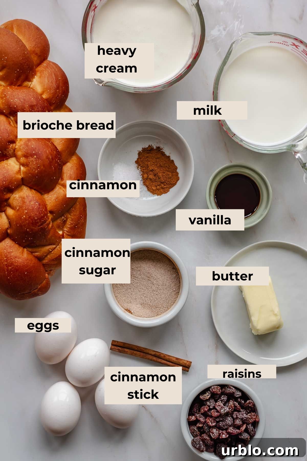 Ingredients for cinnamon bread pudding.