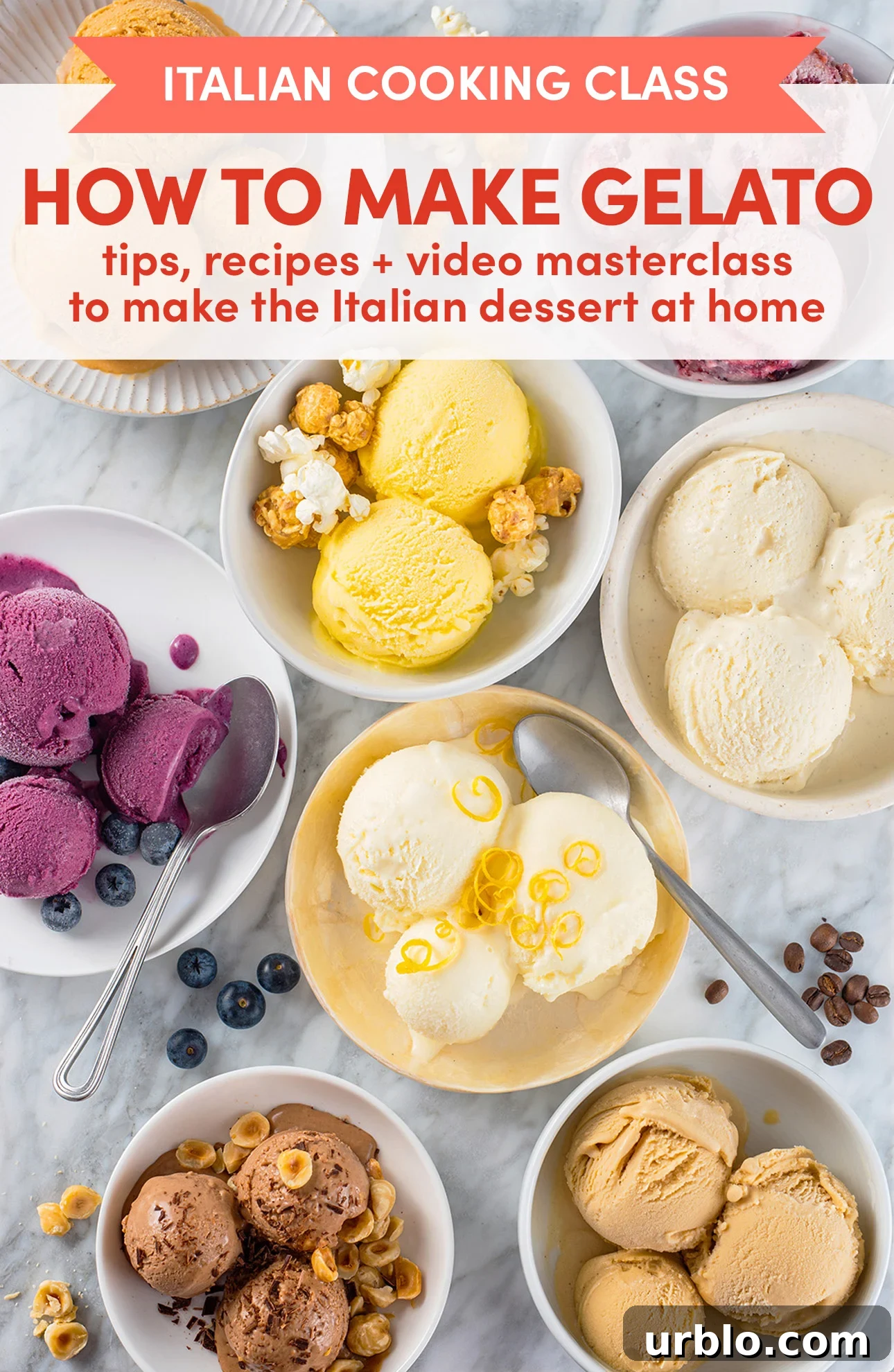 Top view of vibrant gelato bowls in yellow, purple, and brown, adorned with lemon slices, popcorn, blueberries, and nuts. Text overlay: Italian Cooking Class: How to Make Gelato – tips, recipes + video masterclass. Dive into the art of creating your own luscious flavors!. // FoodNouveau.com