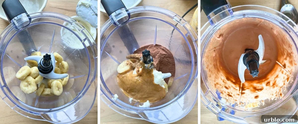 A collage of three images showing how to blend a chocolate peanut butter and banana smoothie.