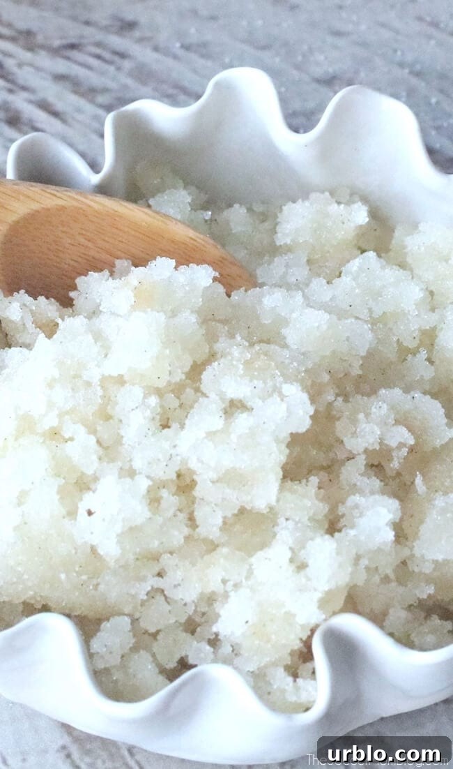 close up of vanilla honey lip scrub in white dish