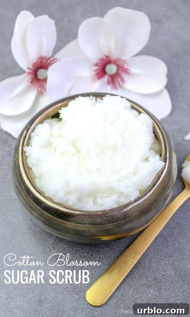 This heavenly-smelling cotton blossom homemade sugar scrub leaves your skin baby soft, and costs a fraction of the price of store-bought beauty products!