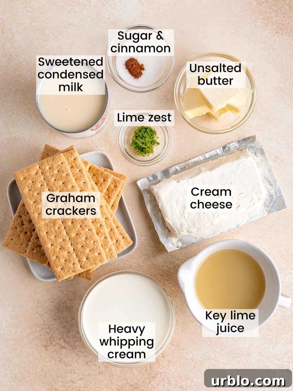 Ingredients needed to make no bake key lime cheesecake bars.