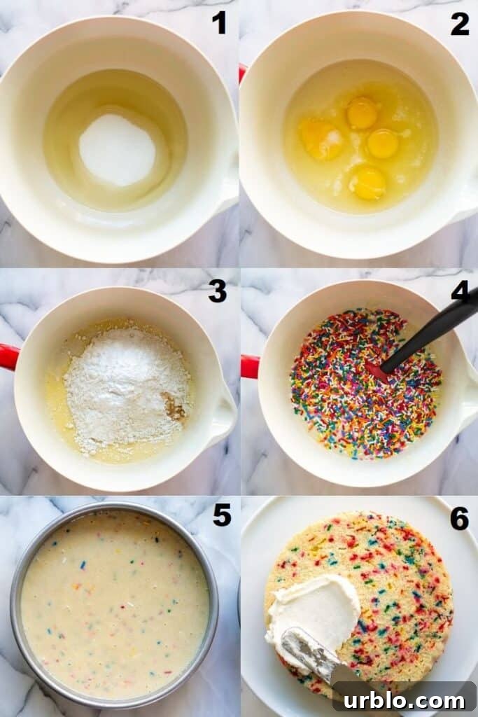 Moist Gluten-Free Birthday Cake Recipe 4 a collage of six photos showing how to make gluten free funfetti cake
