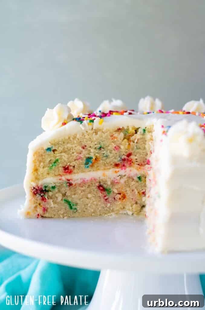 Moist Gluten-Free Birthday Cake Recipe 5 side view of the inside of a gluten free funfetti cake