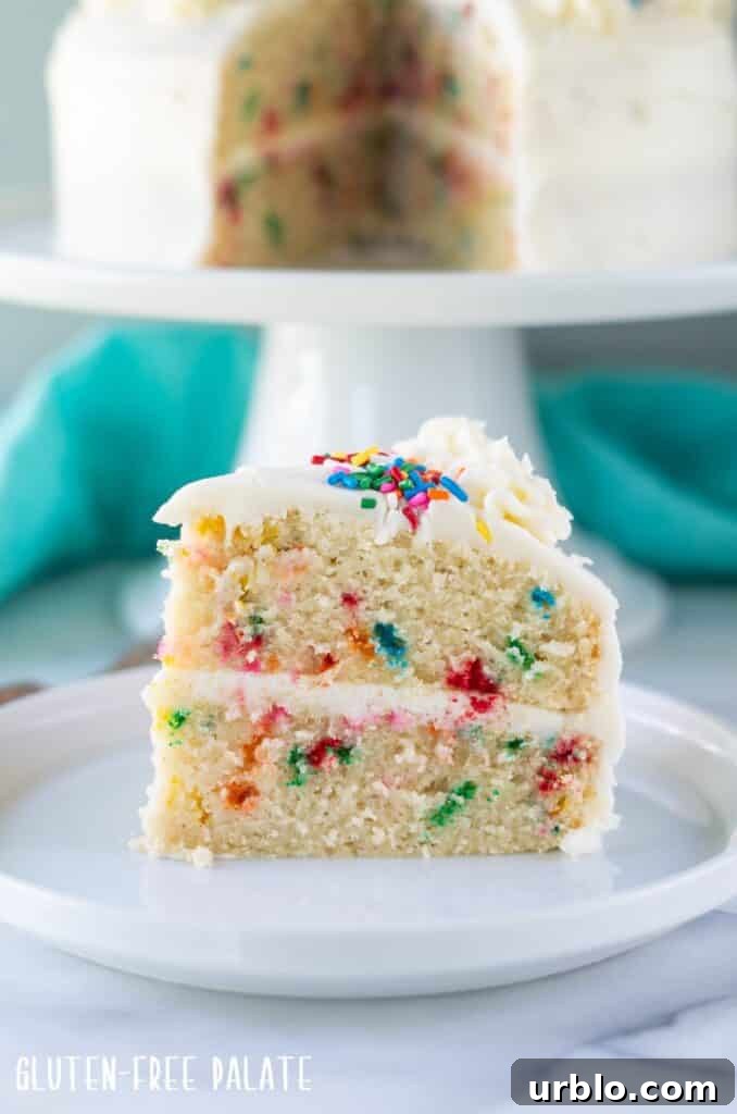 Moist Gluten-Free Birthday Cake Recipe 6 close up view of a slice of gluten free funfetti cake